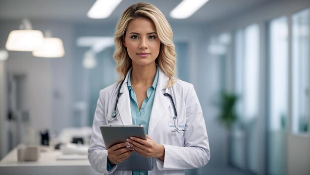 Docteur amical et attentionné dans un manteau blanc avec une tablette sur le fond d'un cabinet médical