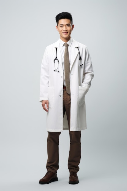 Docteur asiatique en manteau blanc et pantalon brun