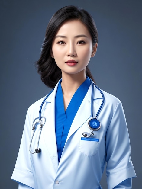 Une docteur asiatique mignonne porte un uniforme bleu.