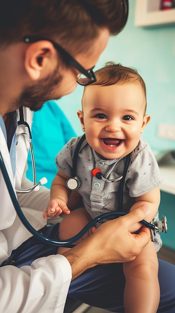 Photo docteur avec un bébé dans la salle de pédiatrie