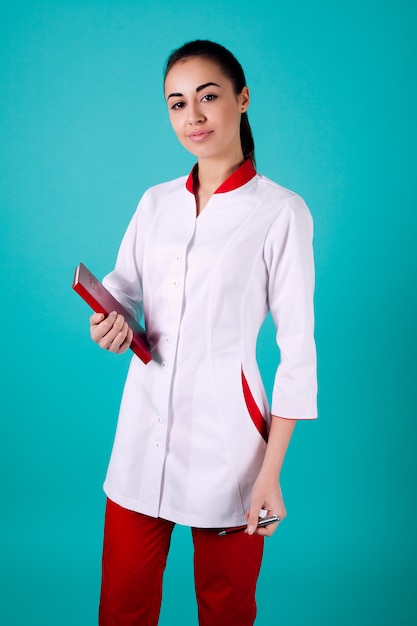 Docteur, blanc, manteau, tenue, cahier