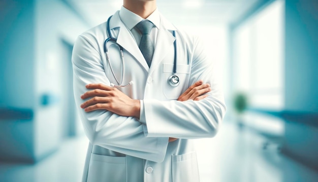 Docteur en blouse de laboratoire blanche avec les bras croisés debout dans le couloir de l'hôpital Confidence et expertise médicales IA générative