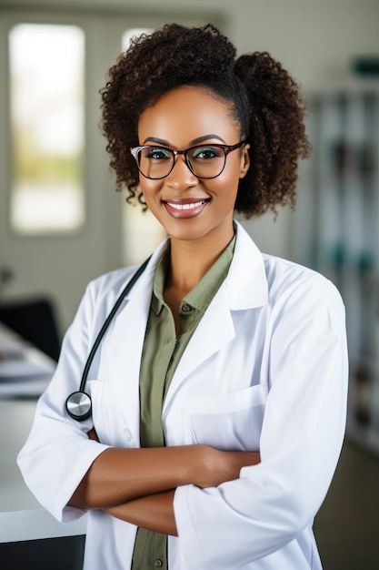 Docteur cardiologue femme en manteau blanc portrait d'une belle fille afro-américaine IA générative