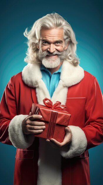 Docteur en costume de Père Noël tenant une boîte cadeau de Noël