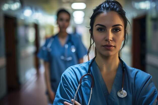 Docteur debout avec les bras croisés à l'hôpital la nuit