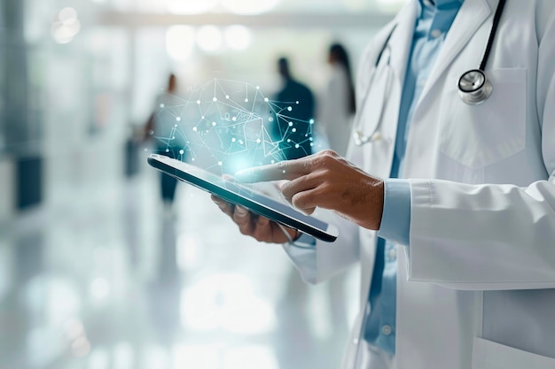 Docteur diagnostique dossier numérique du patient sur le réseau médical virtuel sur l'informatique médicale électronique
