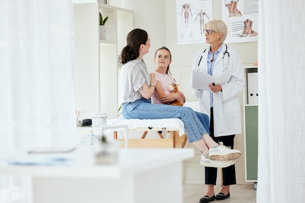 Docteur enfant et parlez au bureau pour des conseils médicaux ou un avis professionnel avec la mère Pédiatre mère et fille en consultation pour le diagnostic de rétablissement de l'enfant ou l'assistance médicale avec rapport