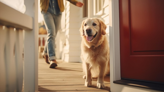 Le docteur est rentré du travail et s'est arrêté pour jouer avec le chien devant la maison avant d'entrer