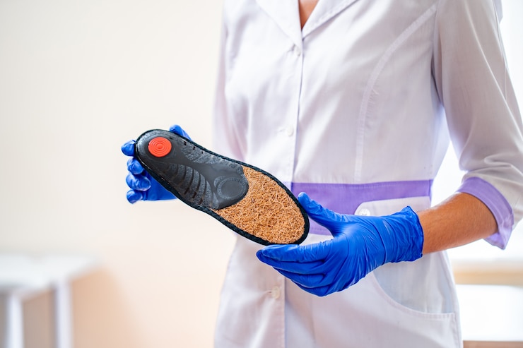 Photo docteur en gants de caoutchouc médical détient une semelle orthopédique