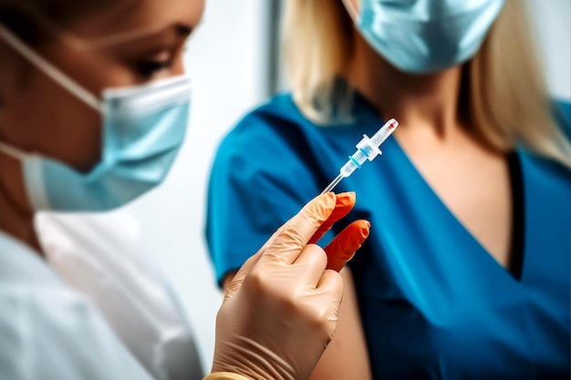 Docteur en gants stériles bleus tenant une seringue et faisant une injection à une femme dans un masque médical Vaccination, médecine et soins de santé