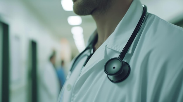 Docteur homme avec stéthoscope à l'hôpital copie texte flou fond blanc