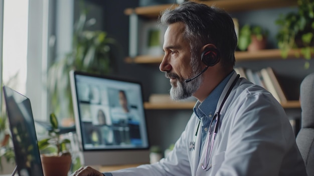 Docteur mâle mûr avec un casque fournissant une consultation professionnelle de télésanté aux patients via l'ordinateur dans un cadre de bureau à domicile moderne Concept de médecin de la santé technologique