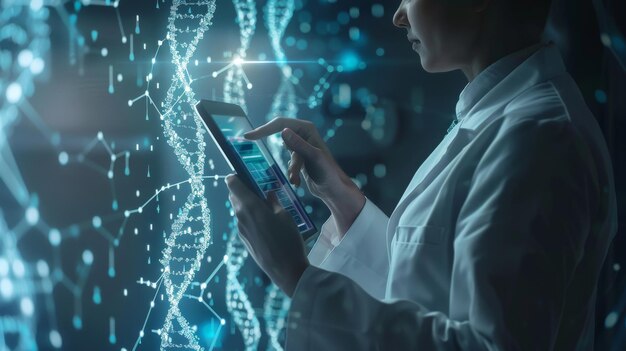 Docteur en médecine touchant le dossier médical électronique sur tablette ADN Soins de santé numériques et connexion au réseau sur hologramme Interface d'écran virtuel moderne Technologie médicale et concept de réseau