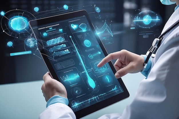 Docteur en médecine touchant le dossier médical électronique sur tablette ADN Soins de santé numériques et connexion au réseau sur hologramme Interface d'écran virtuel moderne Technologie médicale et concept de réseau