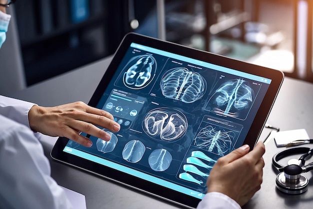 Docteur en médecine touchant le dossier médical électronique sur tablette Generative Ai