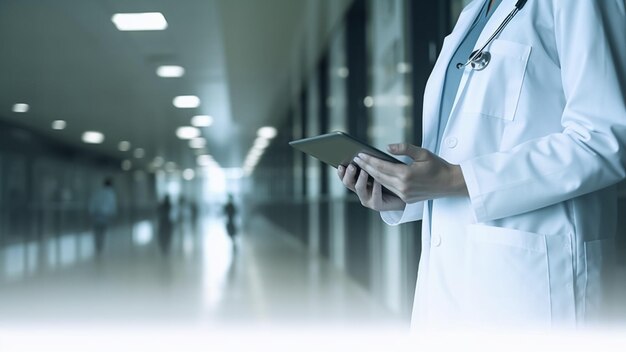 Docteur En Médecine Utilisant Une Tablette Numérique Avec Une Interface Moderne Sur Fond Hôpital