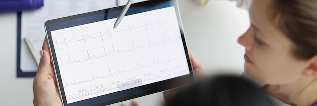 Le docteur montre l'écran de la tablette numérique avec le résultat du cardiogramme cardiaque à un collègue