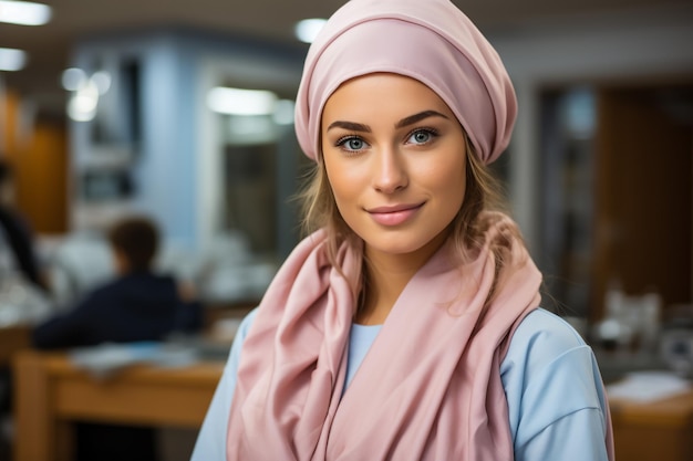 Docteur musulmane en hijab et masque bleu médical regardant la caméra avec les bras croisés dos beige