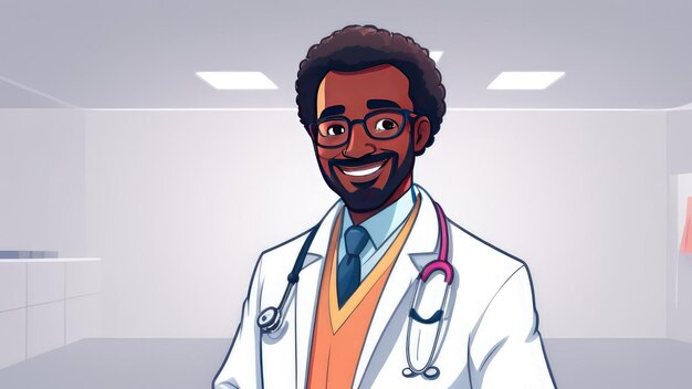 Docteur noir en manteau blanc avec un doux sourire sur le fond d'une salle d'hôpital Le concept de santé de la médecine moderneIllustration