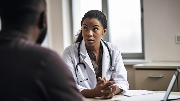 Docteur noir parlant à un patient dans la salle d'examen