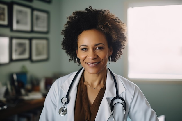 Docteur noire amicale avec un stéthoscope dans une clinique médicale