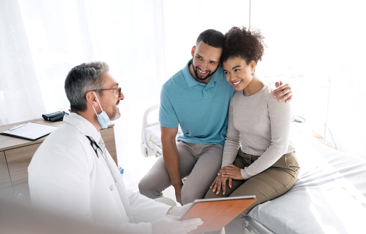 Photo docteur presse-papiers couple et sourire pour les résultats actualités gynécologiques ou informations sur la clinique médicale succès ou bien-être le gynécologue rapporte la paperasse ou le mariage des personnes heureuses pour des notes de commentaires ou des données sur la santé