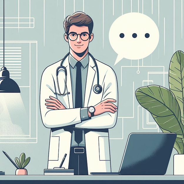 Docteur professionnel dans un bureau de clinique illustration d'affiche de bannière médicale