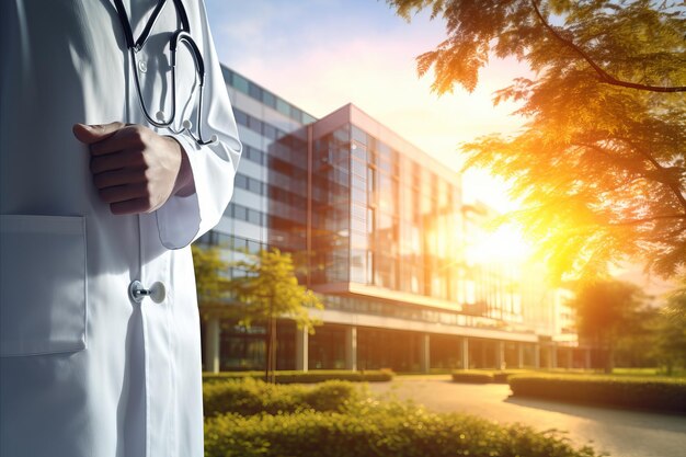 Photo docteur professionnel avec stéthoscope en blouse blanche prise de vue rapprochée contre le fond de l'hôpital