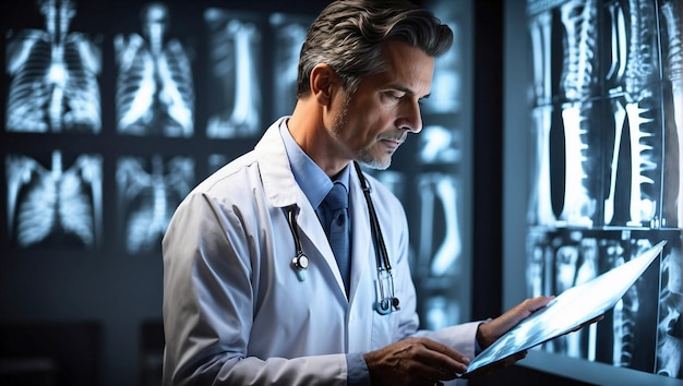 Photo docteur radiologue en blouse de laboratoire blanche examinant l'image aux rayons x