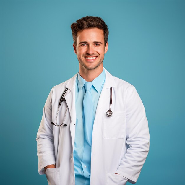 Docteur souriant debout devant un fond bleu isolé