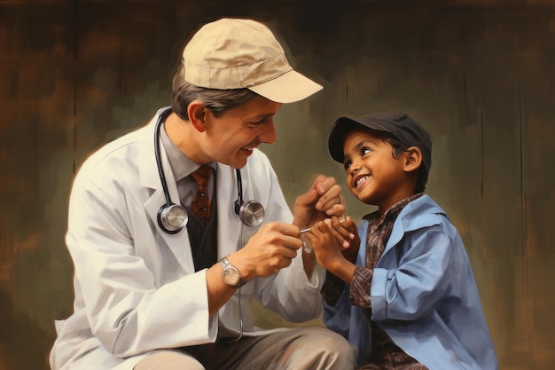 Le docteur souriant avec le petit garçon.