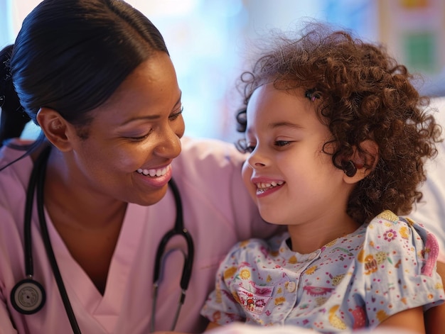 Photo un docteur souriant qui parle à une petite fille.