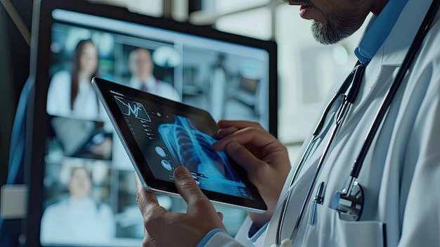 Photo un docteur tenant une tablette affichant les signes vitaux d'un patient en temps réel représentant une voiture de santé à distance