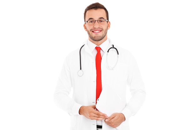 a, docteur, tenue, ordinateur portable, sur, fond blanc