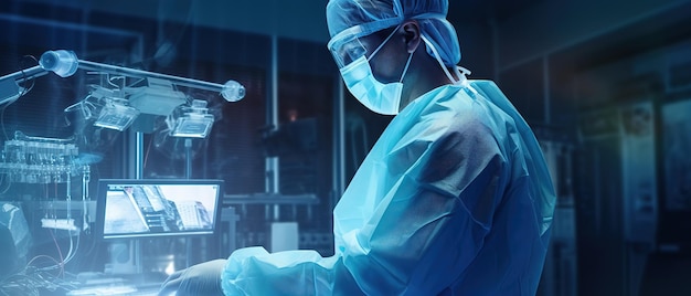 Docteur travaillant dans un hôpital futuriste avec une opération d'équipe de chirurgiens de soins de santé de haute technologie