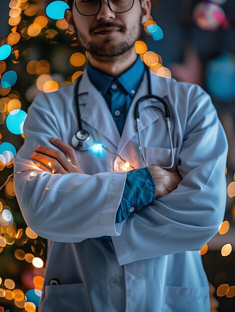 Photo docteur en uniforme tenant un stéthoscope et les bras croisés hôpital ou clinique arrière-plan et espace de copie