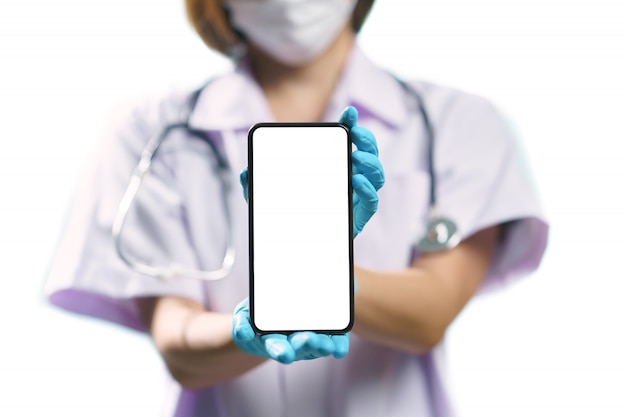 Photo docteur, uniforme, tenue, smartphone