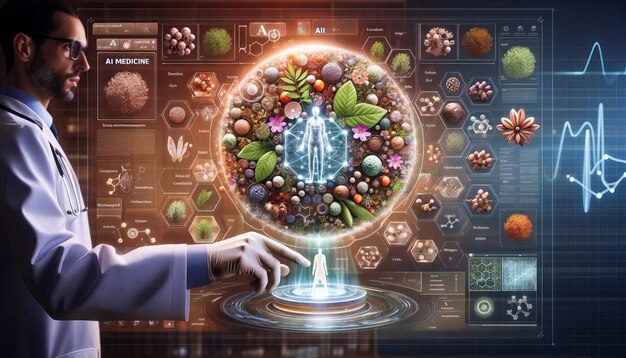 Docteur utilisant un hologramme de panneau pharmacologique de haute technologie médecine à base de plantes science pharmaceutique moderne