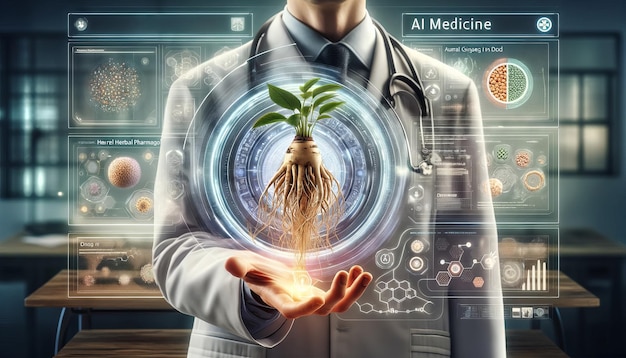 Docteur utilisant un hologramme de panneau pharmacologique de haute technologie médecine à base de plantes science pharmaceutique moderne