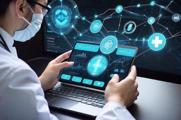 Docteur utilisant l'icône Ui médicale sur le réseau pour la technologie de travail à l'avenir
