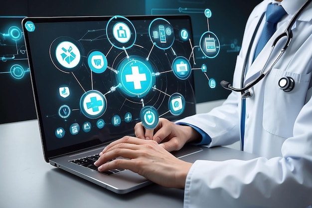 Docteur utilisant l'icône Ui médicale sur le réseau pour la technologie de travail à l'avenir
