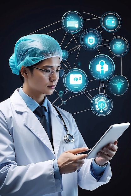 Docteur utilisant l'icône Ui médicale sur le réseau pour la technologie de travail à l'avenir