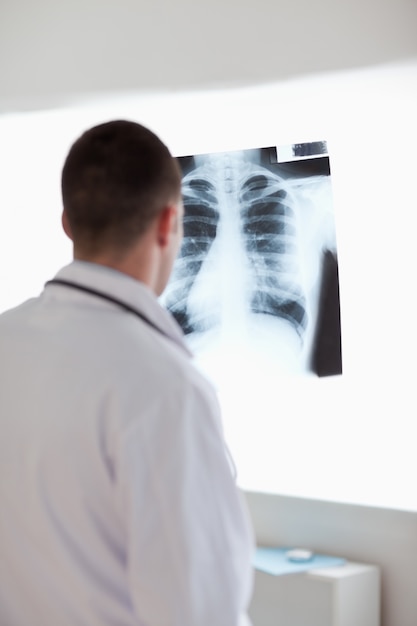 Docteur utilisant la lumière pour vérifier la radiographie