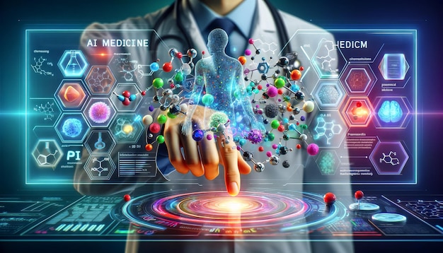 Docteur utilisant un panneau d'hologramme de diagnostic de haute technologie pour la science molécule d'ADN génétique de l'homme