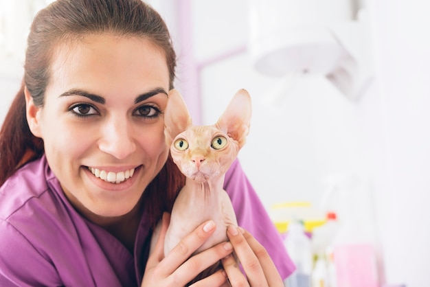 Docteur vétérinaire étreignant un petit chat. Concept vétérinaire.