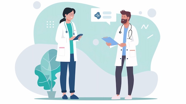 Docteurs de dessins animés discutent du traitement des patients, du dialogue et de la coordination du personnel médical