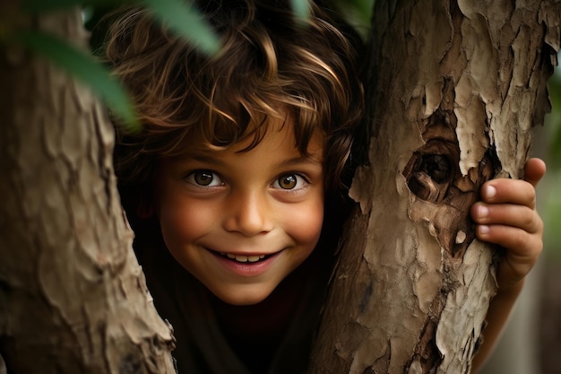 Documenter les expressions adorables et malicieuses des enfants se cachant derrière une photo d'arbre IA générative