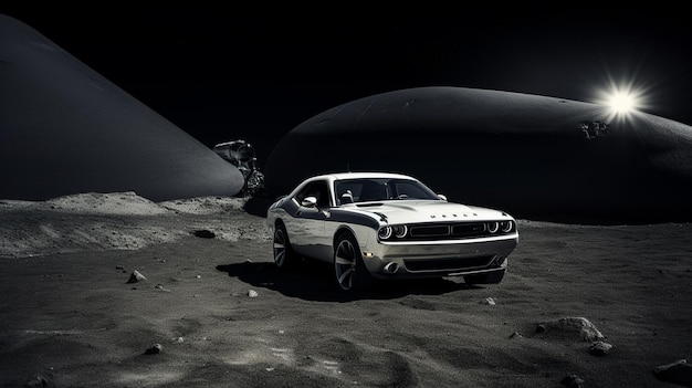 Une Dodge Challenger est garée sur la Lune.