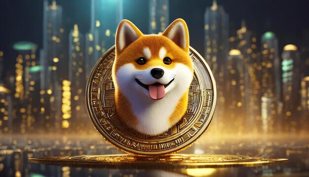 Dogecoin DOGE crypto-monnaie Face du chien Shiba Inu sur une pièce d'or Dogecoin sur un fond sombre