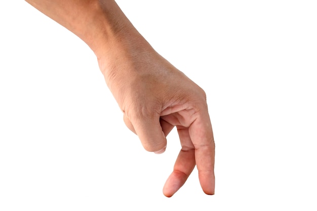 Doigt féminin et gestes du doigt imitant la marche avec les mains sur fond blanc